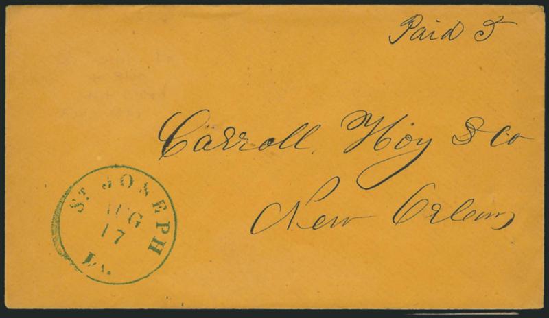 St. Joseph La. Aug. 17.> Bold strike of blue circular datestamp with ms. Paid 5 on orange cover to Carroll Hoy & Co. in New Orleans, usual small filing holes, fresh and Very Fine, scarce, this is not listed in
blue, ex Kohn