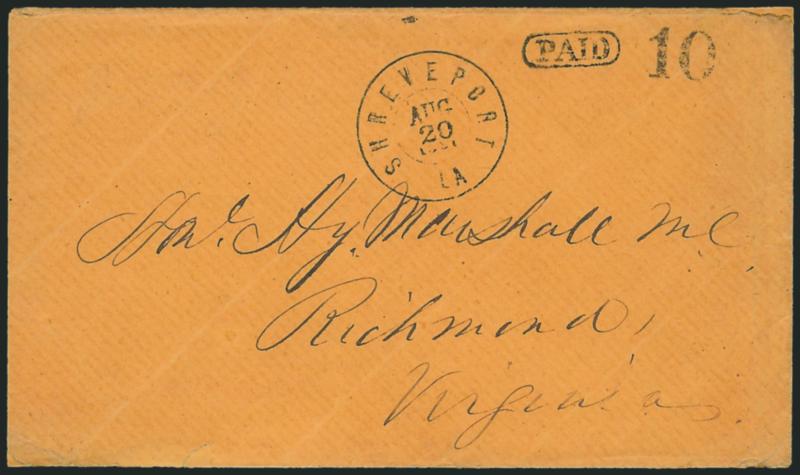 Shreveport La. Aug. 20, 1861.> Well-struck double-circle datestamp with matching Paid in oval and 10 handstamps on orange cover to Richmond Va., trivial edge repairs, Very Fine