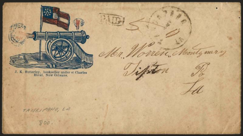 Tangapaho La.> Circular datestamp with matching Paid in oval and ms. 5 rate on red and blue <10-Star Confederate Flag and Cannon Patriotic> cover to Tipton P.O. La., some overall wear, still Very Fine, scarce
usage, ex President Roosevelt and one