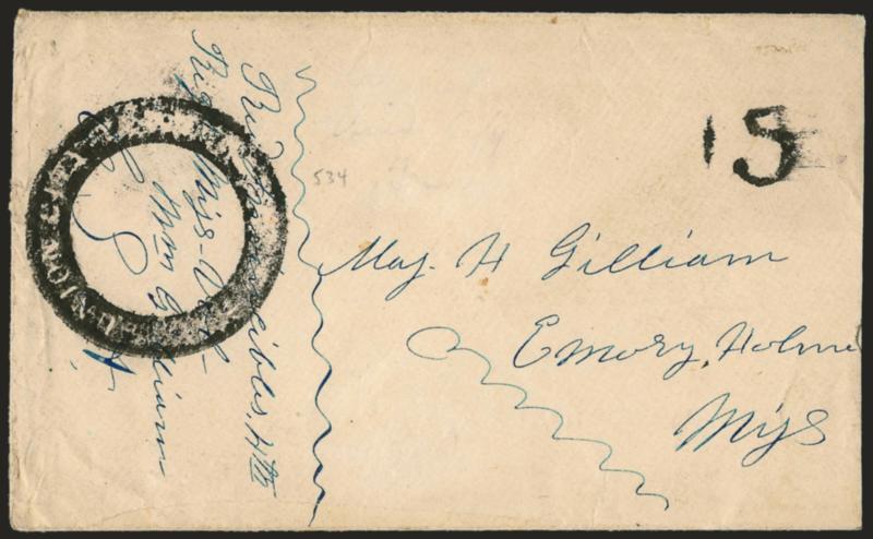 Union City Tennessee.> Large negative ring cancel, typical partly clear strike with matching 5 handstamp on soldiers cover to Emory Miss., slightly reduced at right, docketing on back reads <<Fort Henry is the
point we are ordered to>>, Fine and