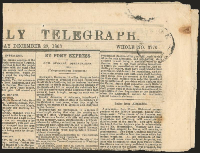 Houston Tex.> Light strike of circular datestamp on copy of <<The Tri-Weekly Telegraph>> dated Dec. 29, 1863, Very Fine