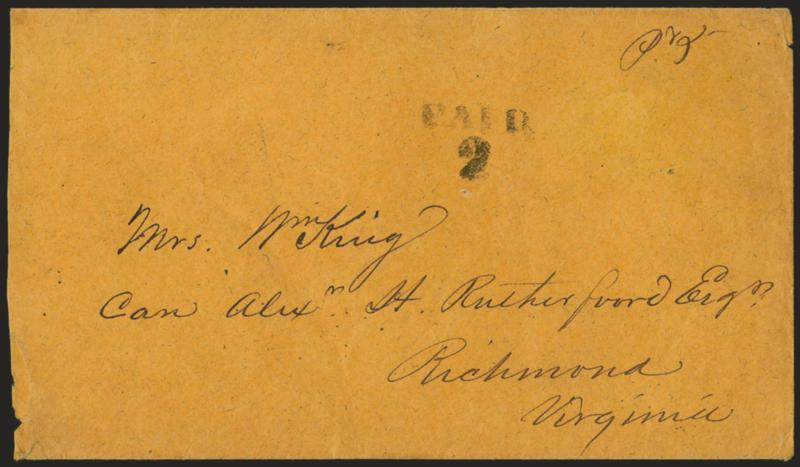 [Richmond Va.] Paid 2.> Neat strike of two-line handstamp with ms. pd. 5 at top right on orange cover to Richmond Va., slightly reduced at left, minor edgewear, Very Fine, unusual usage, the Powell book records
only five or six examples of this Pa