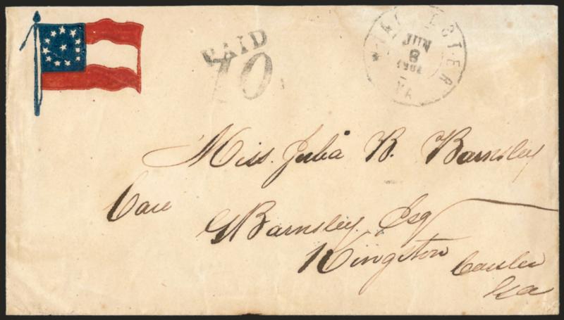 Winchester Va. Jun. 8, 1861.> Neat double-circle datestamp with matching Paid and 10 handstamps on red and blue <12-Star Confederate Flag Patriotic> cover to Kingston Ga., barely reduced at top, some slight
soiling, Very Fine, ex Ashbrook and Ant