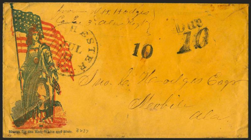 Winchester Va. Jul. 11.> Neat circular datestamp with matching Due and 10 handstamps on orange cover with red and blue <Standing Liberty and Flag Captured Union Patriotic> design to Mobile Ala., military origin
ms. at top, some edge tears and edg