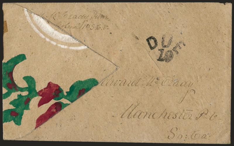 Due 10.> Clear strike of handstamp on red and green <wallpaper> cover to Manchester P.O. S.C., lacking origin datestamp and with soldiers endorsement at top left, opened for display, with original enclosure
datelined <<Old Camp near Orange, Decr. 4