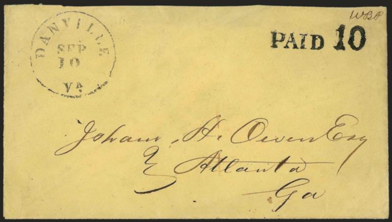 Danville Va., Paid 10, ms. WBP Initials (21XU7).> Clear ms., on yellow cover with Danville Va. Sep. 10 circular datestamp to Atlanta Ga., gently cleaned and restored, small piece of top flap missing, Very Fine,
scarce, with 2001 C.S.A. certificat