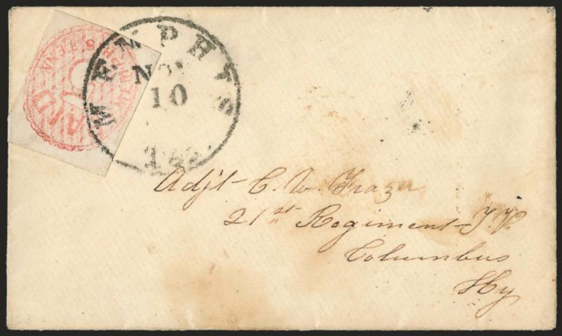 Memphis Tenn., 5c Red (56X2).> Large margins to clear, top right corner wrapped around edge of cover, tied by Memphis Ten. Nov. 10 circular datestamp on cover to Columbus Ky., small age spots, Very Fine, signed
Weill