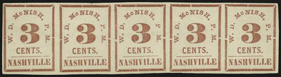 Nashville Tenn., 3c Carmine (4AX1).> Horizontal strip of five (complete setting) and additional single, unused (without gum as issued), large margins, single slightly creased, strip Very Fine