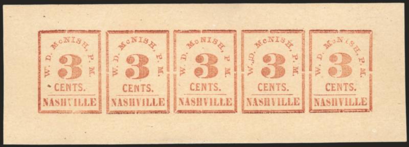 Nashville Tenn., 3c Carmine (4AX1).> Horizontal strip of five (complete setting), unused (without gum as issued), large margins, vertical crease between Positions 3 and 4, few thins, appears Very Fine, with
1989 P.S.E. certificate