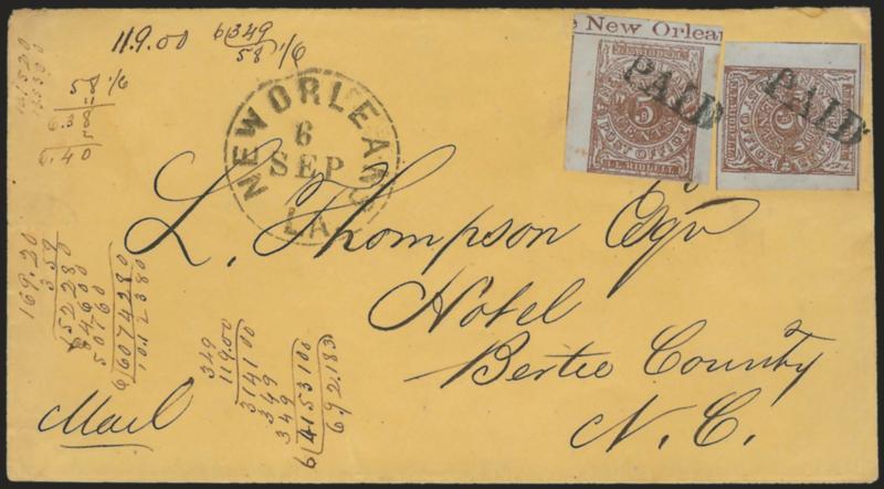 New Orleans La., 5c Red Brown on Bluish (62X4).> Two, Positions 5 and 13, former with <New Orlea(ns) portion of imprint> in top sheet margin, large margins to just touched, rich color on deeply blued paper,
tied by Paid cancels, New Orleans La.