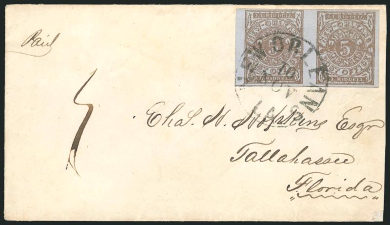 New Orleans La., 5c Brown on Bluish (62X4).> Horizontal pair, Positions 21-22, full to large margins, tied by sharp New Orleans La. 10 Nov. (1861) circular datestamp on cover to Tallahassee Fla., slightly
reduced at right, Extremely Fine Gem stamps