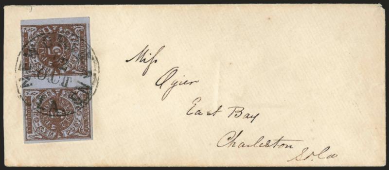 New Orleans La., 5c Red Brown on Bluish (62X4).> Horizontal pair, deep rich color, large margins to barely in, tied by New Orleans La. 22 Oct. circular datestamp on small cover to Charleston S.C., insignificant
edge nick at top left, Very Fine