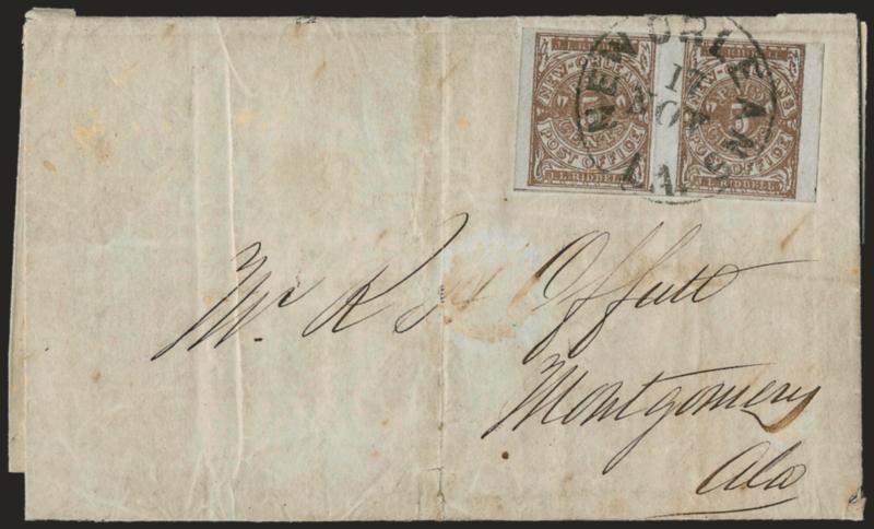 New Orleans La., 5c Red Brown on Bluish (62X4).> Horizontal pair, large margins to clear, tied by New Orleans La. Nov. 17 circular datestamp on 1861 folded letter to Montgomery Ala., folded vertically between
stamps prior to use, cover with some sl