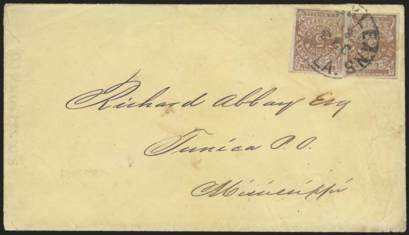 New Orleans La., 5c Yellow Brown on Off-White (62X5).> Two, ample to large margins, tied by New Orleans La. 13 Dec. (1861) circular datestamp on yellow cover to Tunica Miss., diagonal crease in cover affects
both stamps but one more than the other