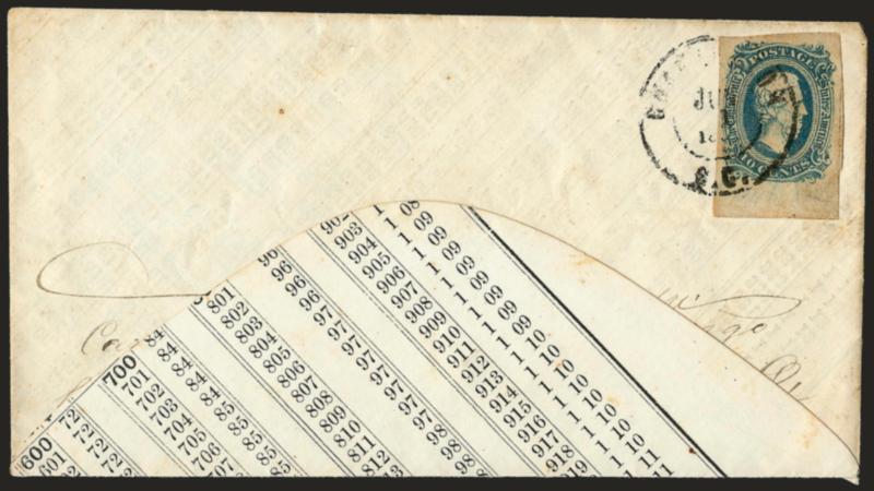 10c Blue, Die A (11).> Huge margins incl. <sheet margin at bottom> with what may be trace of erased imprint, tied by Charleston S.C. Jun. 1 double-circle datestamp on <adversity cover made from printed table>
to Santuc P.O. S.C., bottom flap opened