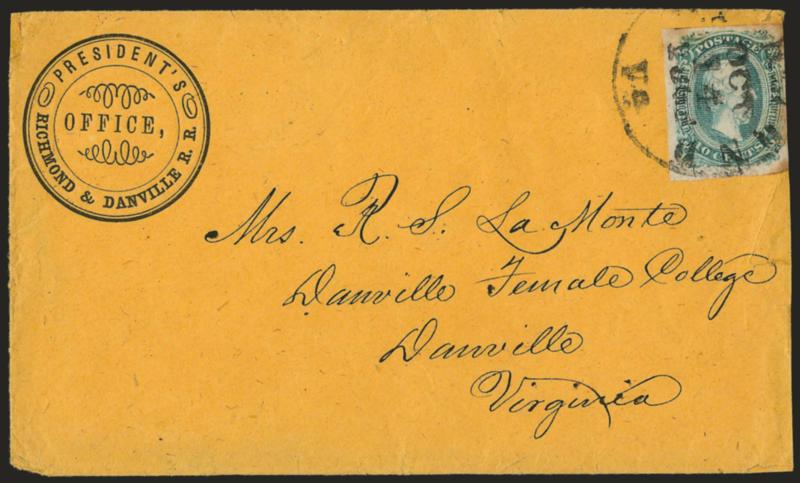 10c Blue, Die A (11).> Large margins, tied by Richmond Va. Oct. 14, 1864 circular datestamp on orange cover with <Presidents Office, Richmond & Danville R.R. corner card> to Danville Va., slightly reduced at
right, stamp with some slight toning,