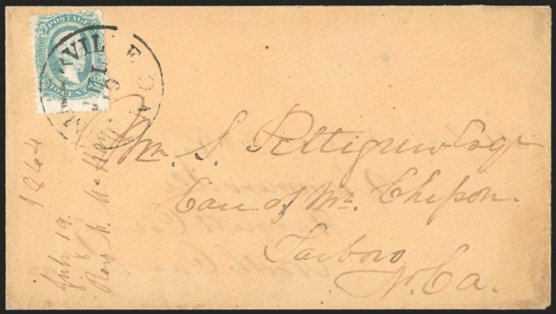 10c Blue, Die A, Perforated (11e).> Light pastel shade, tied by Summerville N.C. Jul. 10 (1864) cds on <turned cover with U.S. 3c 1851 Issue (11)> on other side, margins cutting in, tied by <blue> Baltimore Md.
cds and addressed before the war to