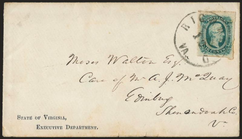 10c Greenish Blue, Die B (12c).> Large even margins, tied by Richmond Va. ?? 12 (1864) circular datestamp on <State of Virginia, Executive Department> imprint cover to Edinburg Va., Extremely Fine, ex Dietz and
Green