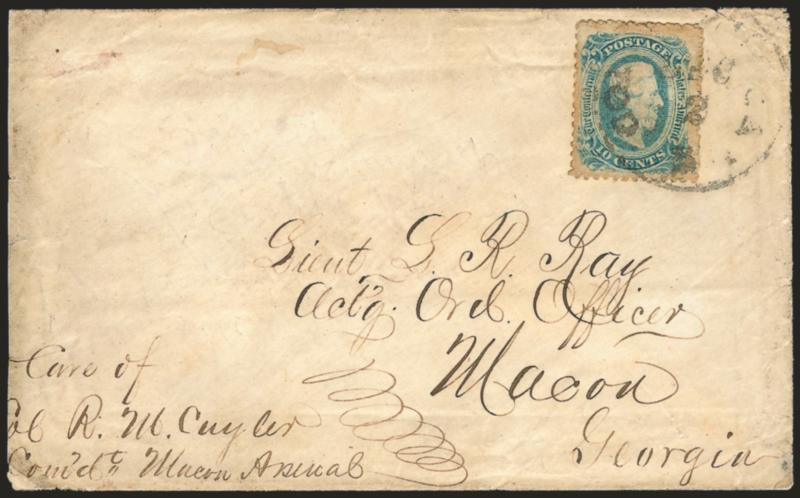 10c Blue, Die B, Perforated (12f).> Wide margins, bright shade, faint toning, tied by Columbus Ga. Dec. 2 (1864) circular datestamp on cover to Lieut. L. R. Ray, Acting Ord. Officer at Macon Arsenal, with
original letter from his cousin, a fellow o
