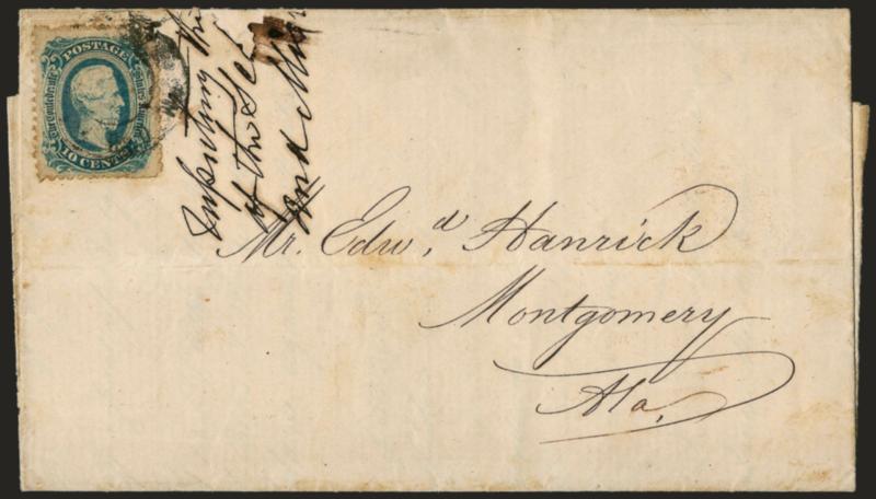 10c Blue, Die B, Perforated (12f).> Choice centering, tied by light strike of Mobile Ala. Mar. 13, 1865 double-circle datestamp on folded letter to Montgomery Ala., docketing near stamp (slight ink erosion),
stamp with some toning around perfs from