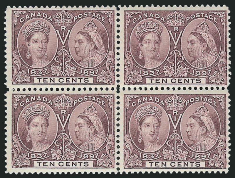 CANADA, 1897, 8c Jubilee (56).> Block of four, one minor h.r., other three Mint N.H., bottom right natural gum crease, otherwise Fine-Very Fine