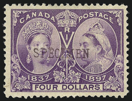 CANADA, 1897, 20c-$2.00, $4.00 Jubilee, Handstamp Specimen Ovpts. (59S-62S, 64S).> Incl. extra 20c (slightly different shade), original gum except one 20c and the $1.00, both 20c san-serif letters in ovpt.,
50c-$4.00 with serifs, Fine-Very Fine, th