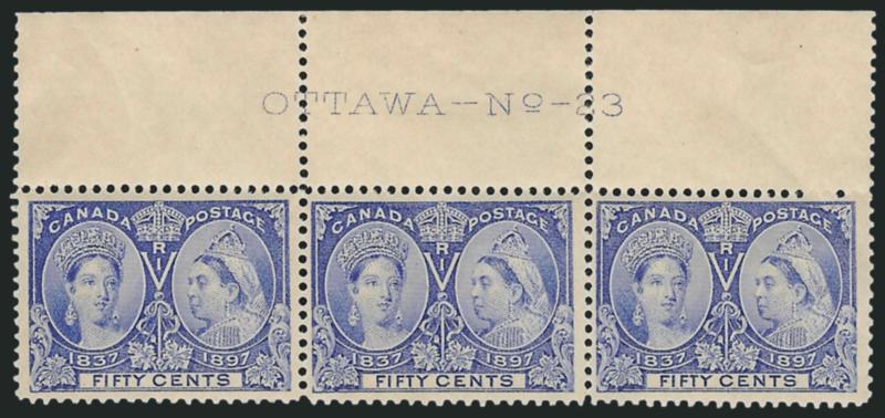 CANADA, 1897, 50c Jubilee (60).> Mint N.H. top OTTAWA-No-23 plate no. strip of three, fresh, bright color, pos. 2-3 Fine, pos. 1 Extremely Fine