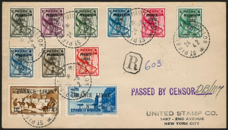 ST. PIERRE & MIQUELON, France Libre Overprints, 1941-42.> 54 stamps on ten Registered Censored covers, incl. Nos. 215, 221, 239, 246, 253, 258-259 blocks of four, 275, J45 block of four, J46-J46a blocks of four
and J58-J66, two stamps faulty, other