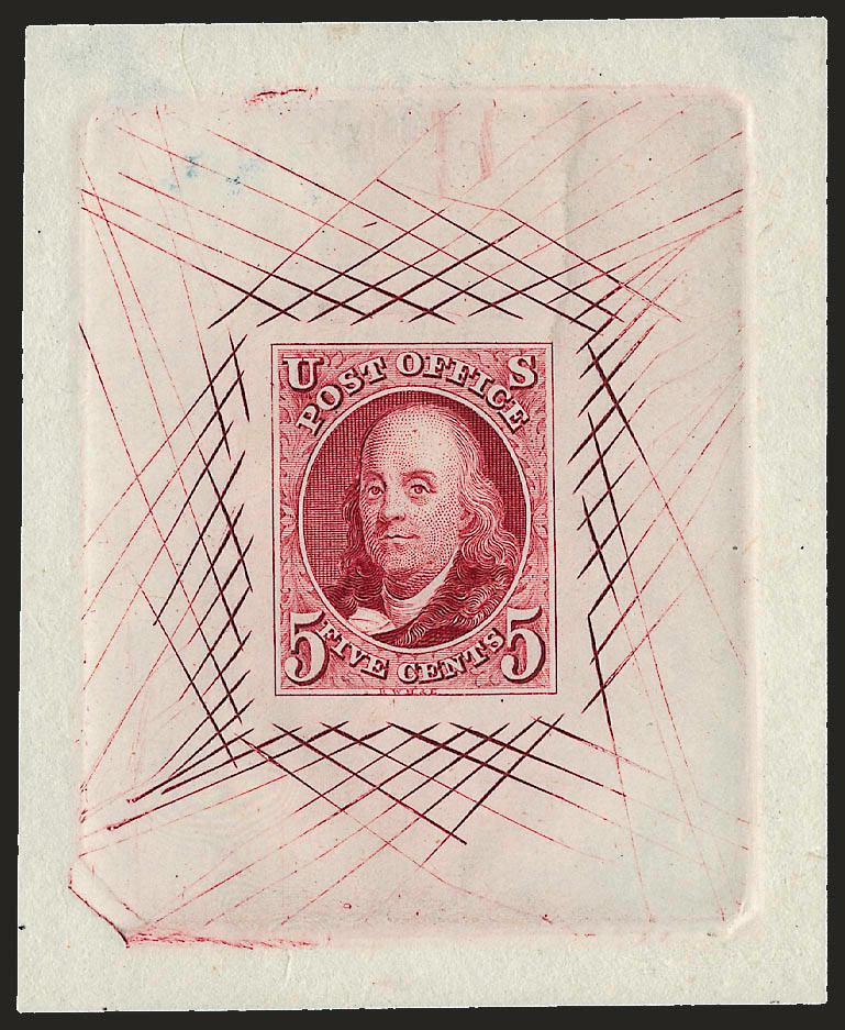 5c Rose Lake, Large Die Trial Color Proof on India (1TC1).> 2-116 x 2-916 in., off card, insignificant corner thins outside die sinkage area, Very Fine