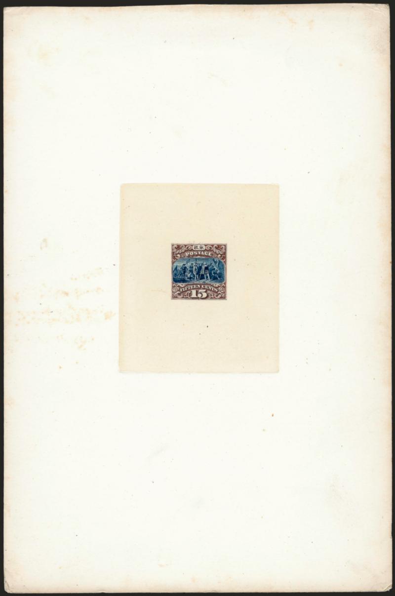 15c Brown & Blue, Ty. III, Hybrid Large Die Proof (129P1).> On 6 x 9 in. card, some slight card toning, otherwise Very Fine, the bi-color 1869 Pictorial Large Die Proofs exist only as hybrids