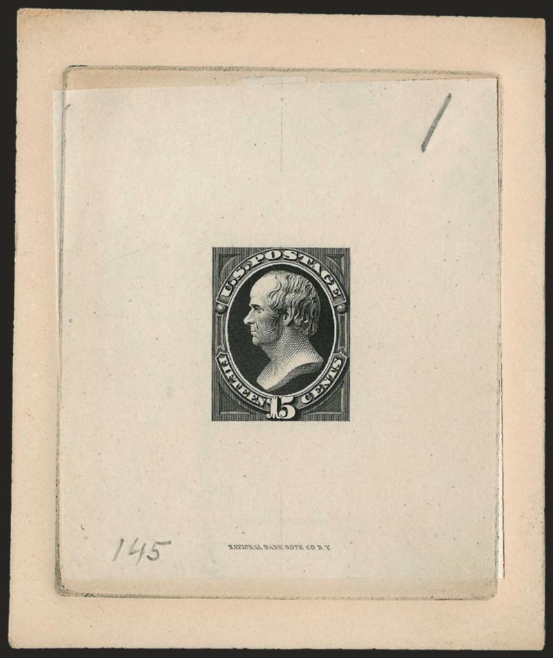 15c Black, Large Die Trial Color Proof on India (189TC1).> Die sunk on 3 x 3-58 in. card, National Bank Note Co. N.Y. imprint, pencil 1 top right and 145 bottom left, Very Fine, this may be a 1907 production
made by J. Ralph