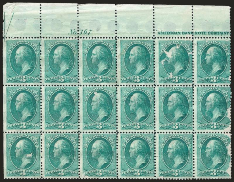 3c Blue Green, Four Large Holes Patent Punch, Double Paper (207 var).> Block of 15 (5 x 3) with <part top imprint, plate no. 367 and imperf half arrow selvage,> original gum, appears Mint N.H., about half have
tiny bits of the fragile top layer of pa