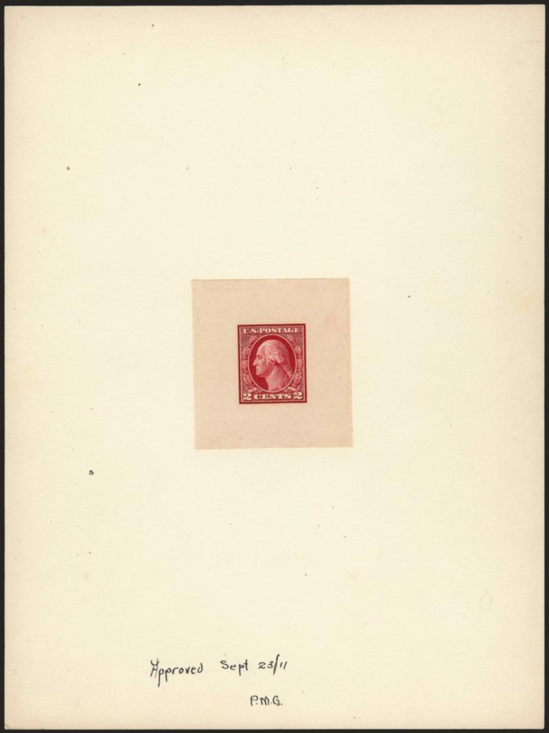2c Carmine, Large Die Proof on India (406P1).> Die sunk on 6 x 8 in. card, ms. Approved Sept 2311 P.M.G., Extremely Fine, with 1995 P.F. certificate