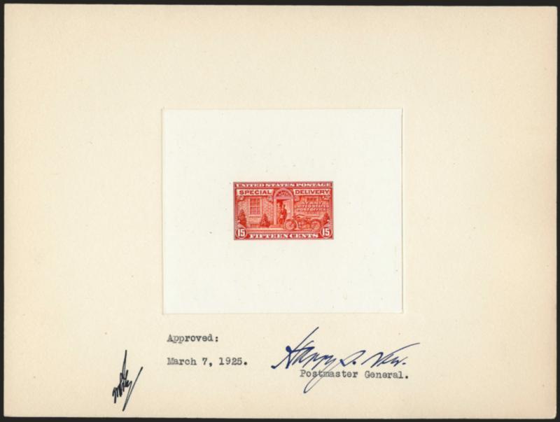 15c Orange, Special Delivery, Large Die Proof on India (E13P1).> Die sunk on 8 x 6 in. card, approved March 7, 1925 and signed by Harry S. New, Postmaster General, Black control number on back, Extremely
Fine