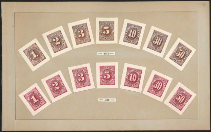 1c-50c 1879-91 Postage Due, Small Die Proofs (J1P2-J7P2, J22P2-J28P2).> The two complete sets on a single page from a Roosevelt presentation album, Very Fine and choice, only 85 sets prepared
