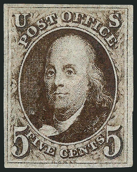 5c Dark Brown (1a).> Original gum, large margins all around, deep rich color in the true Dark Brown shade, sharp early impression<><>^EXTREMELY FINE ORIGINAL-GUM EXAMPLE OF THE 5-CENT 1847 ISSUE IN THE DARK
BROWN SHADE.^<><>With 2000 and 2006 P.F