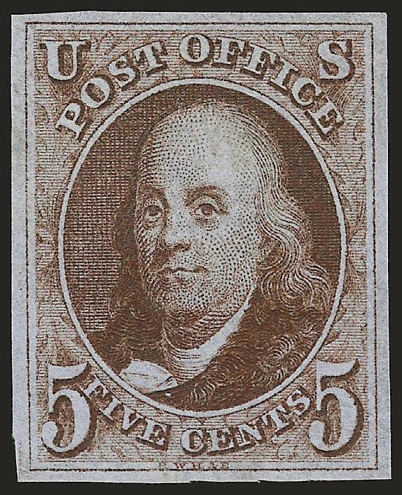 5c Brown (1).> Unused (no gum), essentially balanced margins all around, outstanding color and impression on nicely blued paper<><>^EXTREMELY FINE. A LOVELY UNUSED EXAMPLE OF THE 5-CENT 1847 ISSUE.^<><>With
2008 P.S.E. certificate (VF-XF 85 SMQ
