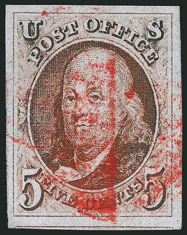 5c Red Brown (1).> Huge margins all around incl. part of adjoining stamp at bottom, bright color, neat strike of red cork cancel<><>^EXTREMELY FINE GEM. A SUPERB USED EXAMPLE OF THE 5-CENT 1847 ISSUE.^<><>With
2001 P.S.E. and 1980 and 2006 P.F. c