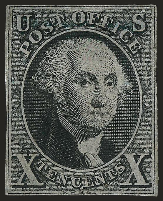 10c Black (2).> Unused (regummed), narrow margins but clear all around, small repair at top left and tiny thin at bottom, about Fine appearance, affordable example of this rare unused stamp, with 2001 P.F.
certificate