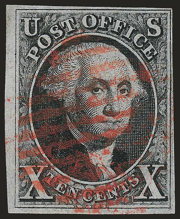 10c Black (2).> Clear to large margins, strong impression, neat red square grid cancel, light vertical crease, otherwise Fine