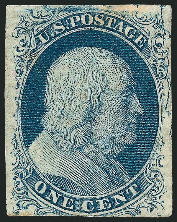 1c Blue, Ty. II, Cracked Plate (7 var).> Position 12L2, unused (no gum), large margins to just in and clearly showing the flaw at right, few light toned spots, otherwise Very Fine example of this desirable
variety, Scott Retail as with gum
