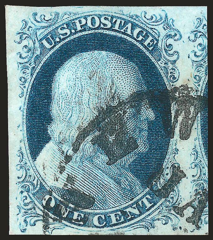 1c Blue, Ty. II (7).> Huge margins incl. significant portion of adjoining stamp at right, rich color, neat strike of circular datestamp, Extremely Fine Gem, accompanied by cover and part of adjoining
stamp