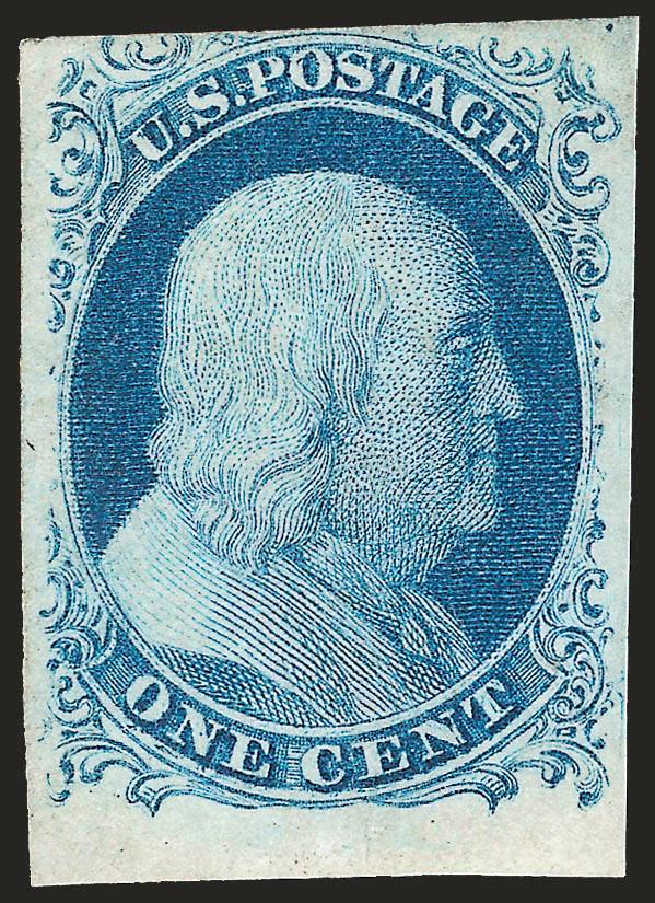 1c Blue, Ty. IV (9). Mint N.H.,> Position 98R1L, huge margins to full incl. <sheet margin at bottom,> showing clear <double transfer> at bottom, wonderful bright shade which is quite unusual for stamps printed
from Plate 1 Late<><>^VERY FINE AND CH