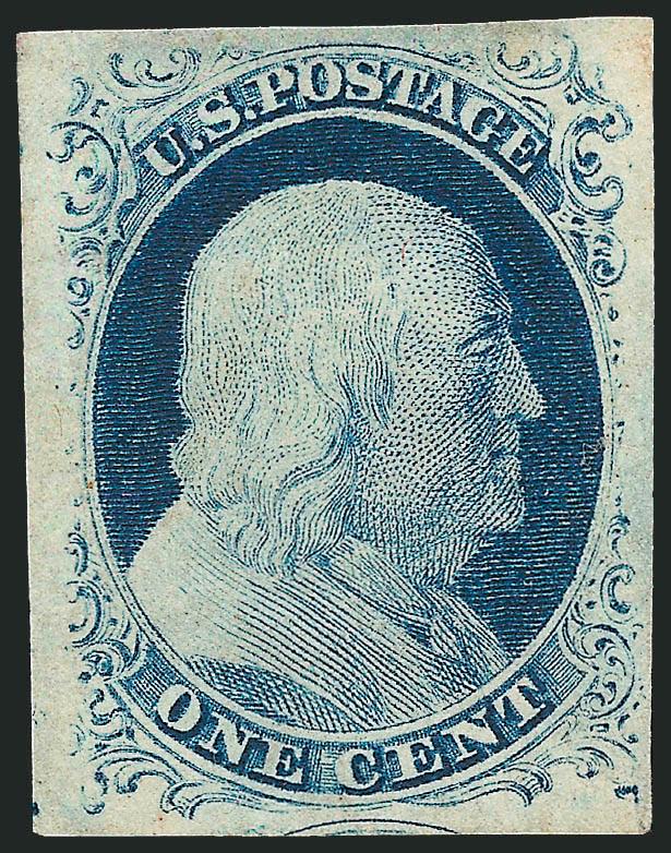 1c Blue, Ty. IV (9).> Original gum, lightly hinged, large to huge margins incl. part of adjoining stamp at bottom, intense shade on bright paper<><>^EXTREMELY FINE. A BEAUTIFUL ORIGINAL-GUM EXAMPLE OF THE 1851
IMPERFORATE ONE-CENT TYPE IV WITH THE