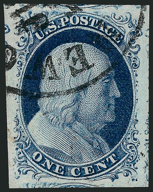 1c Blue, Ty. IV (9).> Huge Jumbo margins, magnificent deep shade, bold circular datestamp, Extremely Fine Gem, outstanding stamp and very conservatively graded by the P.F., with 2008 P.F. certificate (XF-Superb
95 SMQ $860.00)