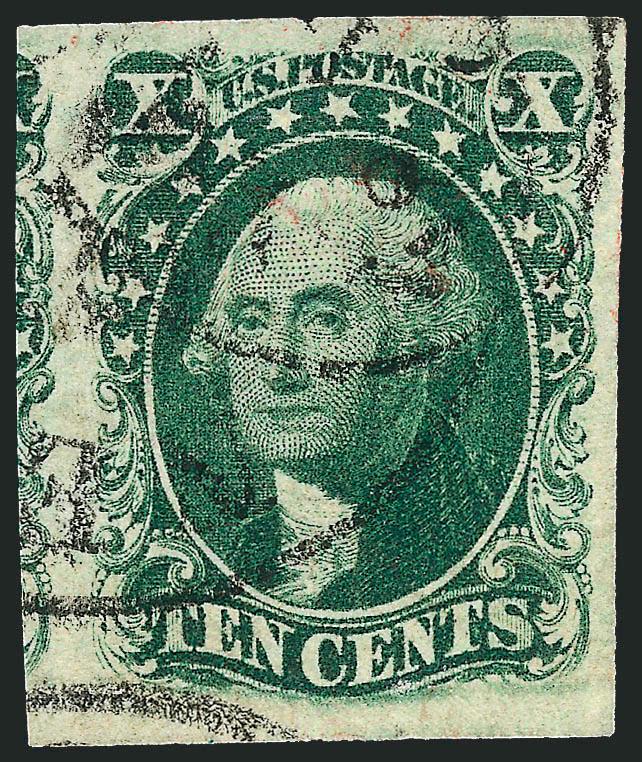 10c Green, Ty. III (15).> Huge margins incl. significant portion of adjoining stamp at left, two neat strikes of circular datestamp, Extremely Fine Gem, a pretty stamp, with 2003 P.F. and 2005 P.S.E.
certificates (XF-Superb 95 SMQ $780.00)