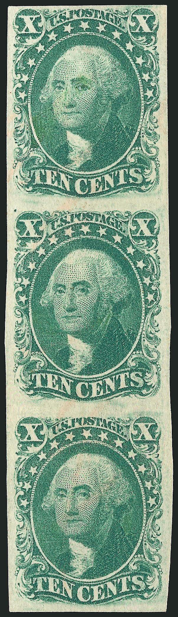10c Green, Ty. IIIIIIII (151415).> Vertical combination strip of three, three large to huge margins, ample at top, deep rich color, expertly removed ms. cancels, appears unused, top stamp tiny thin spot, bottom
pair Extremely Fine, Scott Retail a