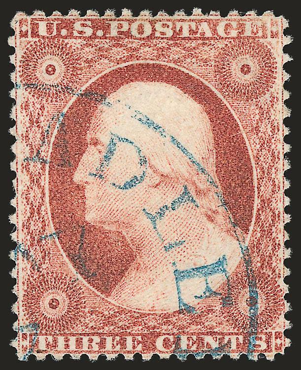 3c Rose, Ty. I (25).> Exceptionally well-centered, pleasing color and neat <blue> circular datestamp, Very Fine and choice, with 2008 P.S.E. certificate (VF-XF 85 SMQ $330.00)