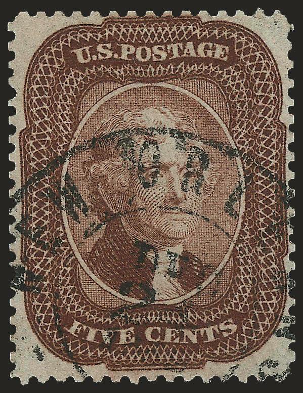 5c Brown (29).> Nicely centered with perfs essentially clear of design all around, beautiful rich color, neat New Orleans double-circle datestamp, Very Fine, with 1976 P.F. and 2008 P.S.E. certificates (VF 80
SMQ $440.00)