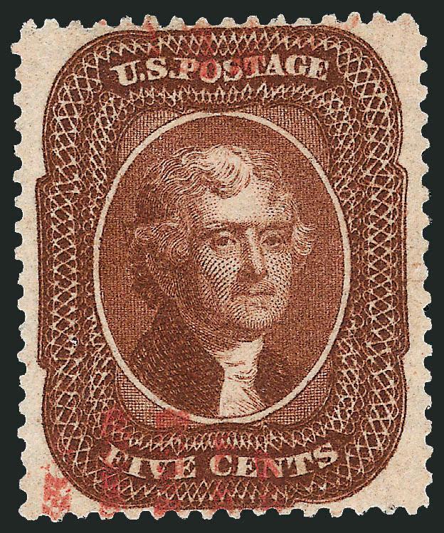 5c Orange Brown, Ty. II (30).> Brilliant color on post-office fresh paper, perfectly centered with wide and balanced margins, face-free <red grid> cancels<><>^EXTREMELY FINE GEM. A SUPERB USED EXAMPLE OF THE
1861 5-CENT ORANGE BROWN, WHICH HAS BEEN
